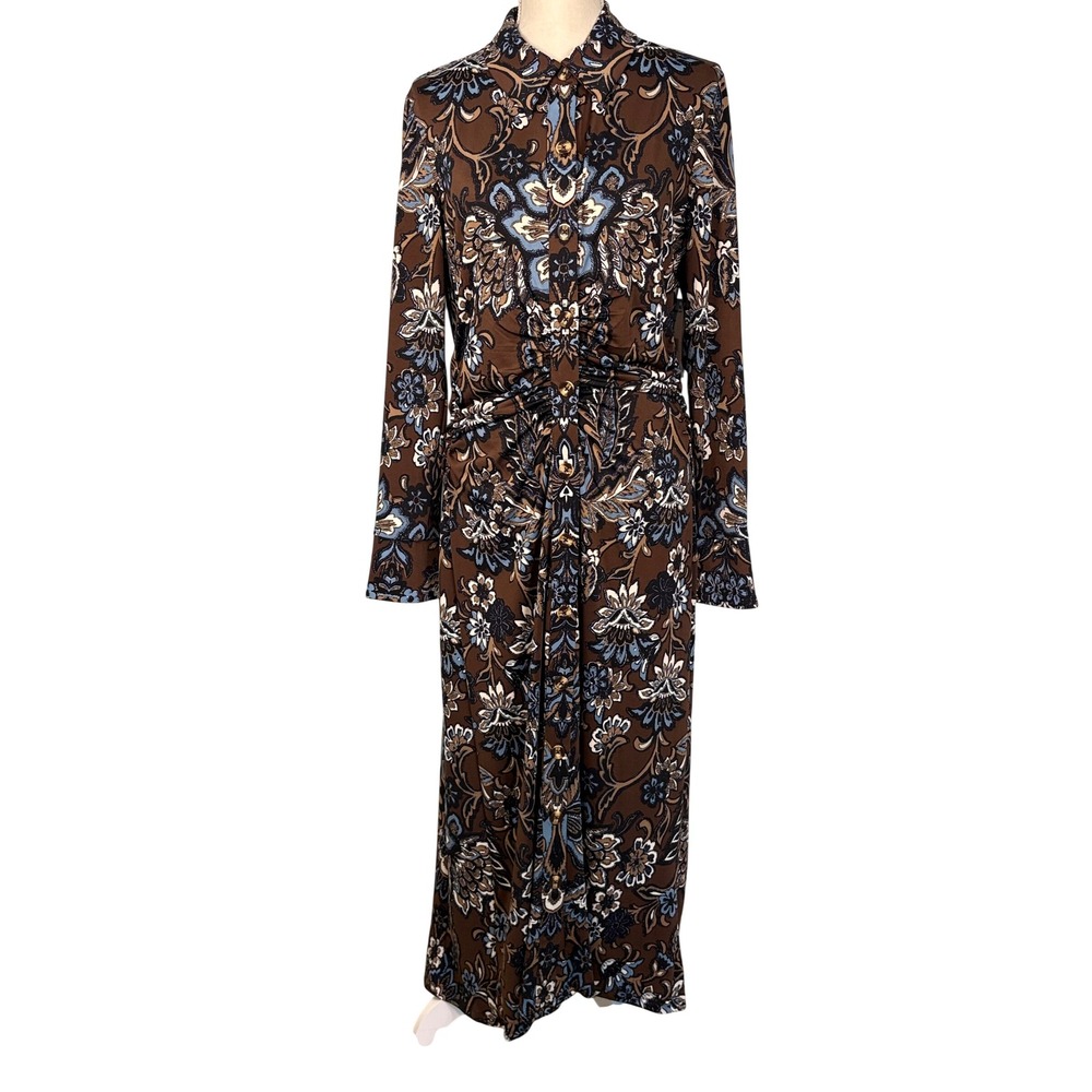 Julia Jordan Brown Multi Paisley Floral Ruched Maxi Dress Size 14 NEW